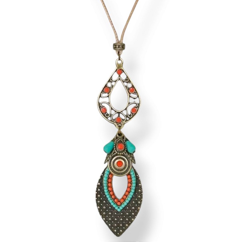Colar longo de cordão ajustável c/ ping. gota e navete - coral e turquesa 12908