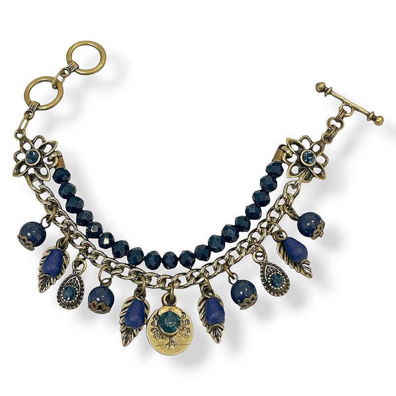 Pulseira 2 voltas c/ cristais, ptos de luz e berloques - azul marinho 12914