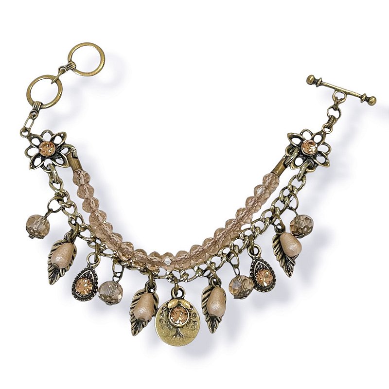 Pulseira 2 voltas c/ cristais, ptos de luz e berloques - bege e dourado 12915