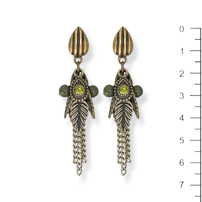 Brinco cachinho de folhinhas, cristais e correntes - verde oliva 12844