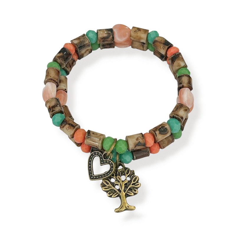 Kit c/ 2 pulseiras de contas, cristais ping. coração e árvore da vida - colorido 12926