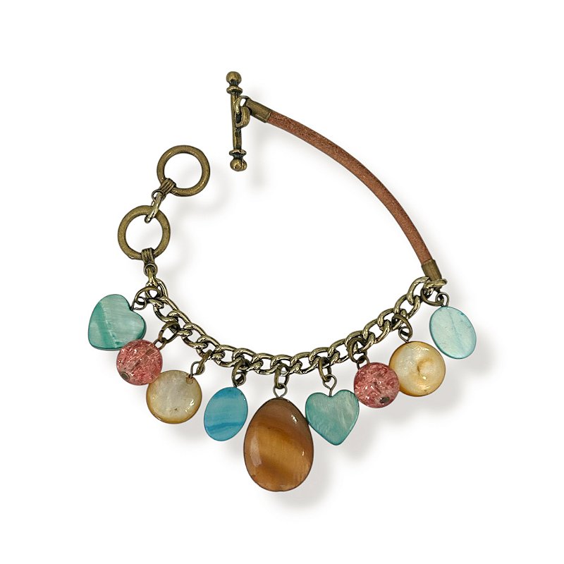 Pulseira c/ cordão de couro, corrente e madrepérolas coloridas - 12931