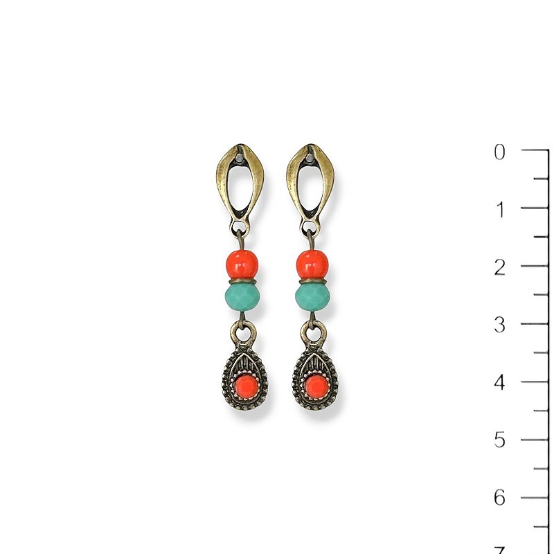 Brinco bola, cristal e gotinha coral e turquesa - 12953