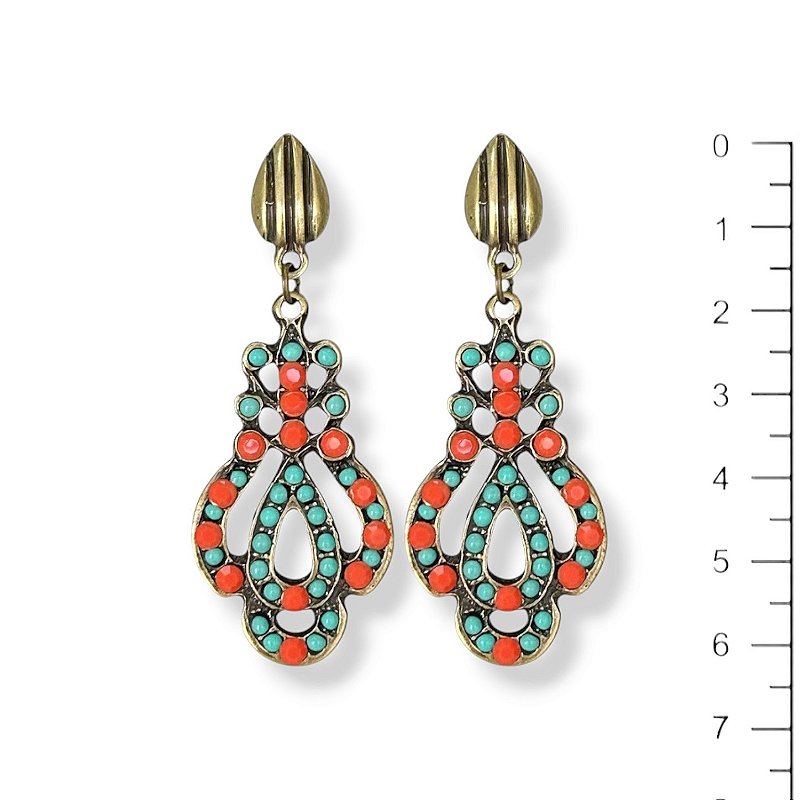 Brinco c/ bolinhas e strass coral e turquesa - 12948