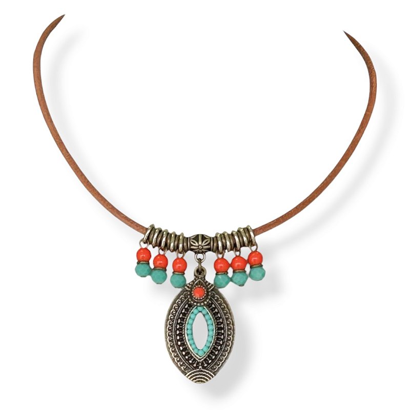 Colar curto c/ cordão de couro, ping. metal e berloques coral e turquesa - 12952