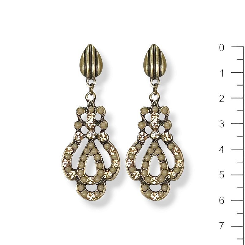 Brinco c/ bolinhas e strass bege e dourado - 12947