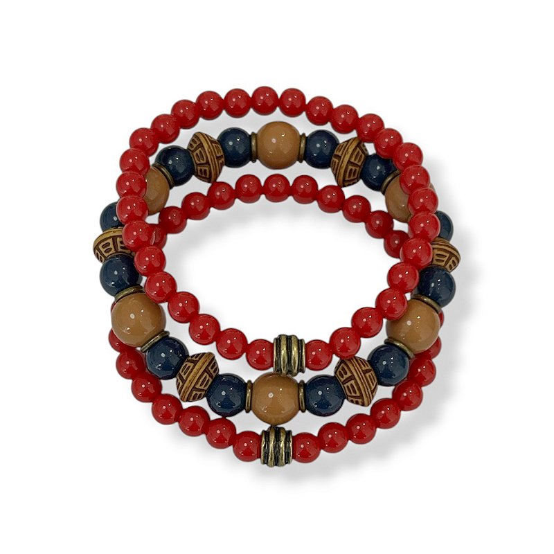 Kit c/ 3 pulseiras de bolas e entremeios vermelho, marinho e caramelo - 12960
