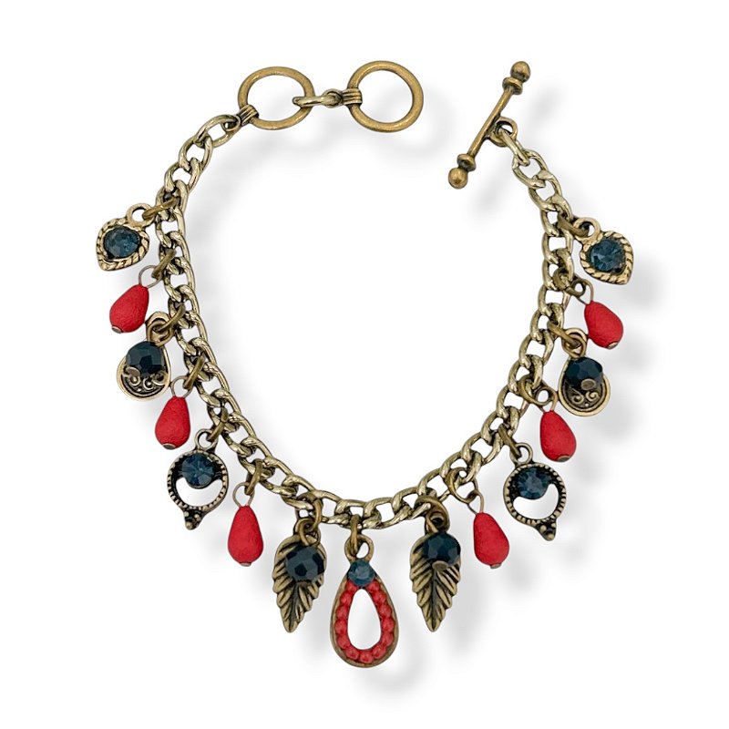 Pulseira c/ berloques e ptos de luz azul marinho e vermelho - 12958