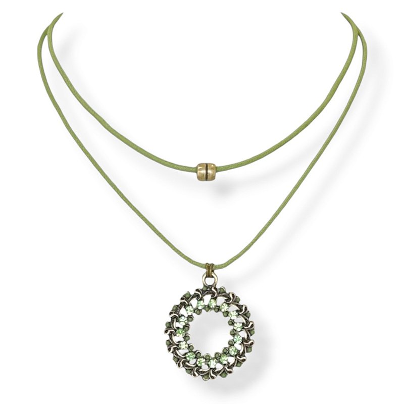 Colar curto 2 voltas de cordão e mandala c/ strass verde - 12975