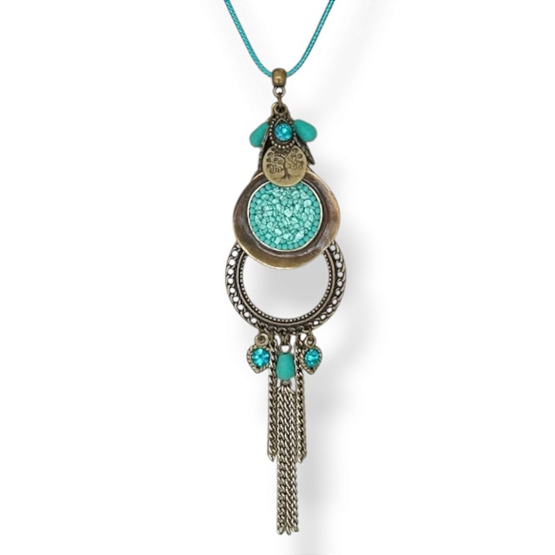 Colar longo de cordão ajustável c/ chapa de cascalho, argola, berloques e chuva de correntes turquesa - 12966
