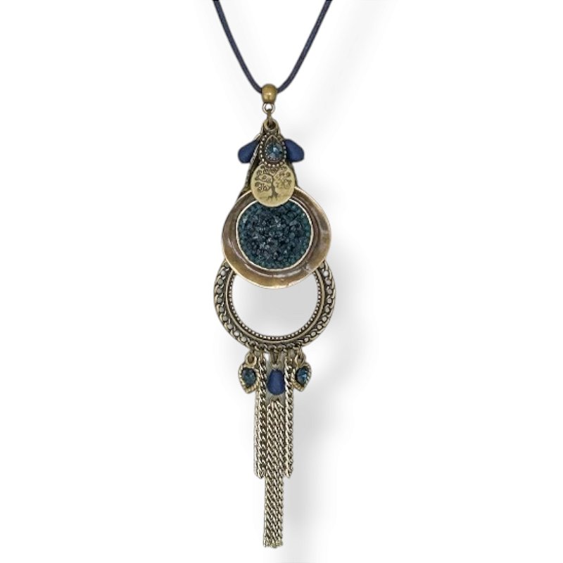 Colar longo de cordão ajustável c/ chapa de cascalho, argola, berloques e chuva de correntes azul marinho - 12967