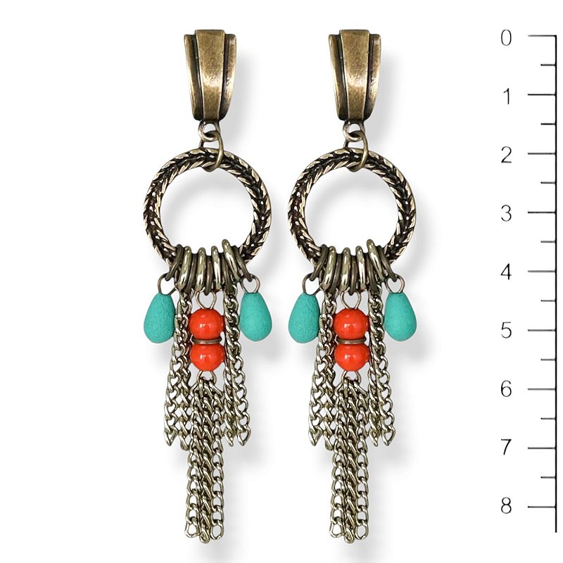 Maxi brinco argola, berloques e correntes coral e turquesa - 12904