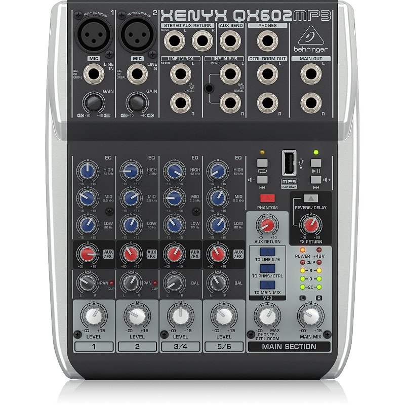 BEHRINGER XENYX アナログミキサー QX602MP3 Behringer XENYX QX602MP3 6-Input Mixer com MP3 & FX – Preto
