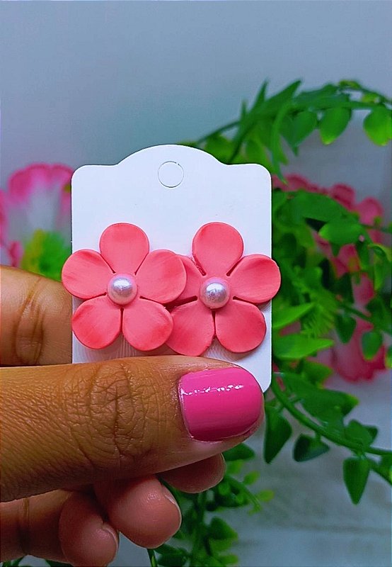 Brinco Personalizado Flor rosa c/ pérolas