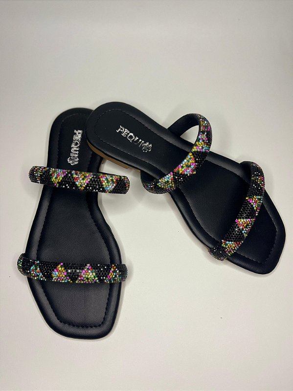Sandália feminina rasteira com strass colorido