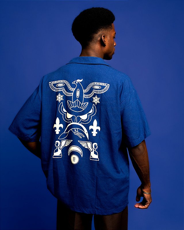 Camisa oversized em mescla de linho - Armorial - Azul - MANIFESTA!