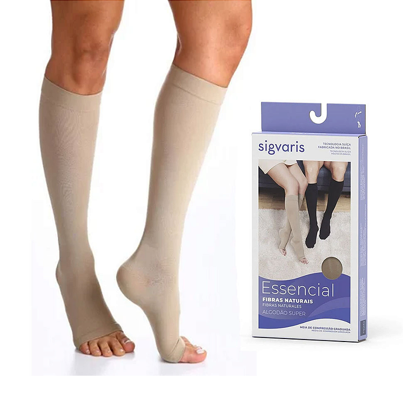 Meia Panturrilha 3/4 Algodão Super 20-30mmHg Aberta Bege Claro Unissex Sigvaris