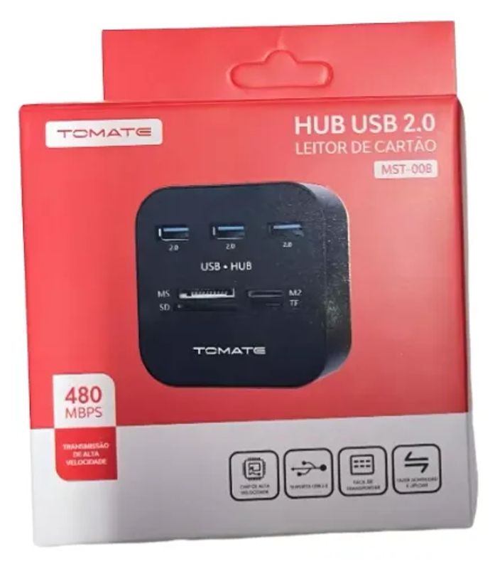 Hub USB 2.0 3 Portas + Porta Cartão Memória 480Mbps, Tomate - Loja