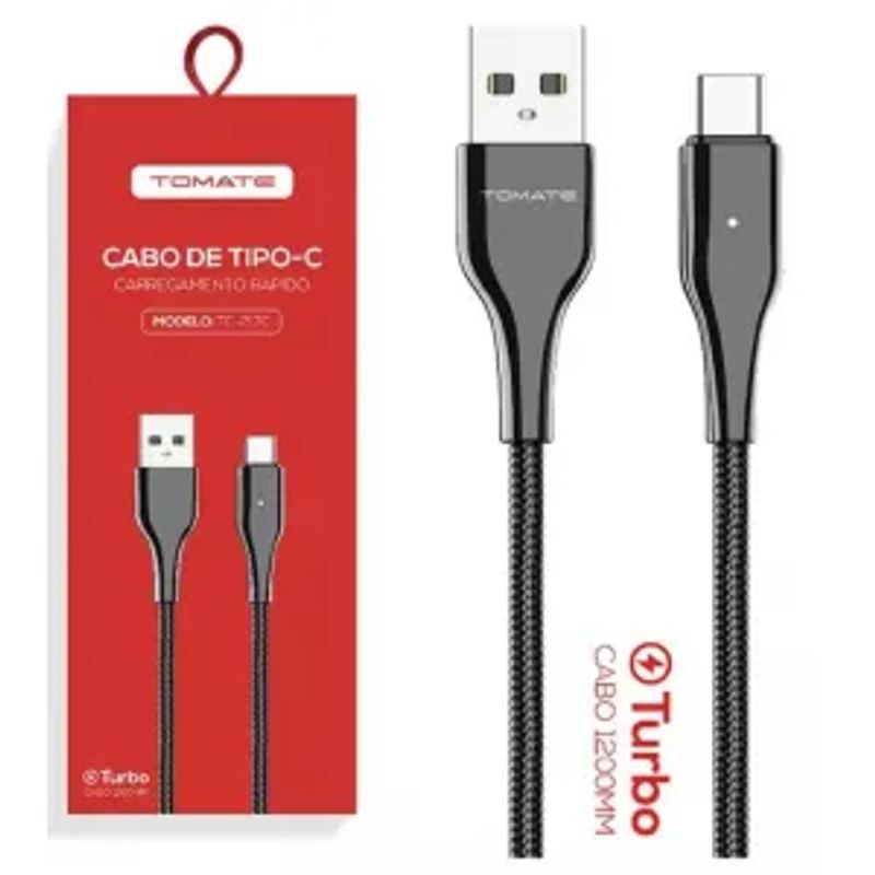 Cabo USB Tipo-C Turbo Tomate TC-217C 1.2m - 5V 2.4A - Loja Tomate