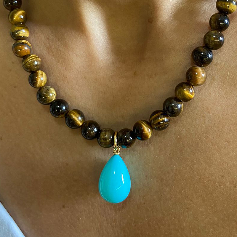 Colar Olho de Tigre e Gota Turquesa