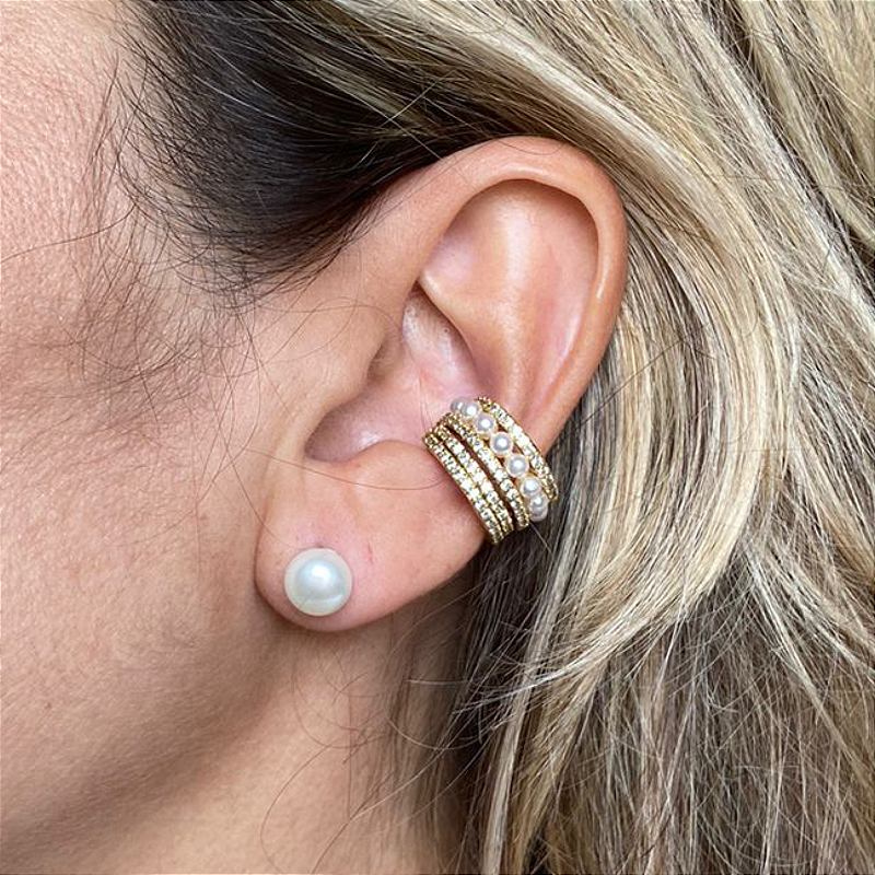 Piercing 5 fileiras cravejado e perolas - dourado