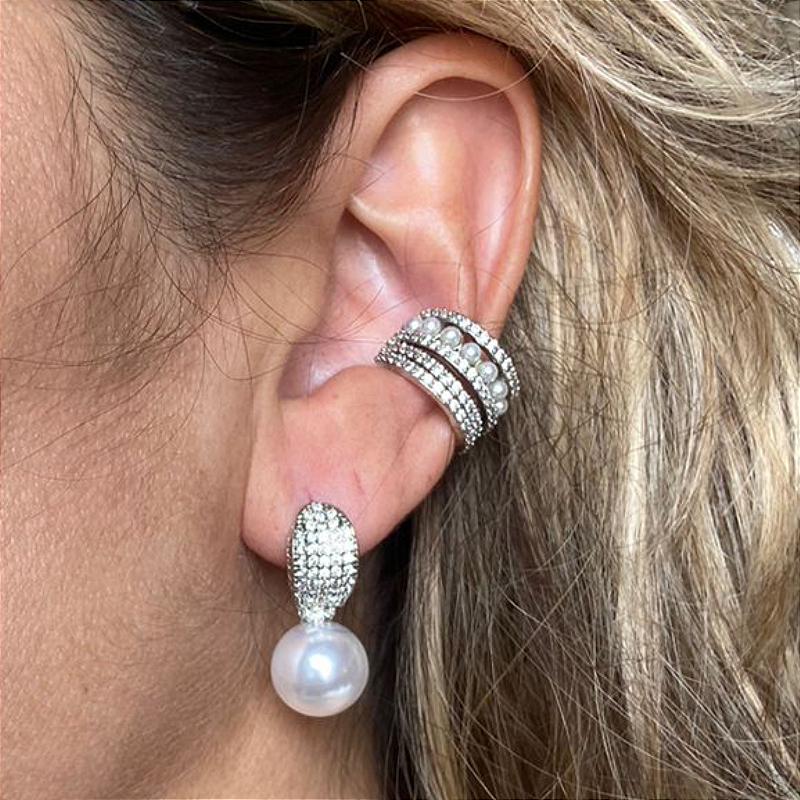 Piercing 5 fileiras cravejado e perolas - prata