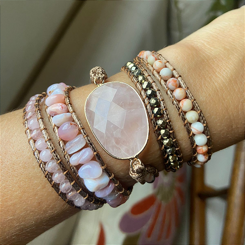 Pulseira 5 voltas de pedras naturais - Quartzo Rosa