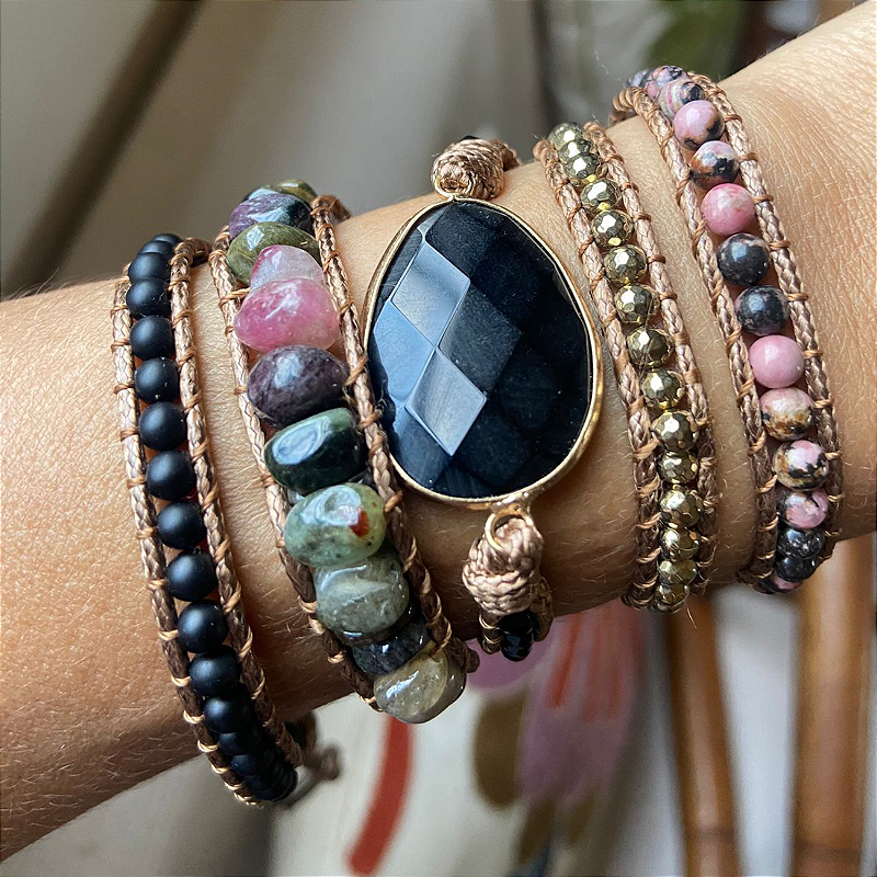 Pulseira 5 voltas de pedras naturais - Obsidiana negra