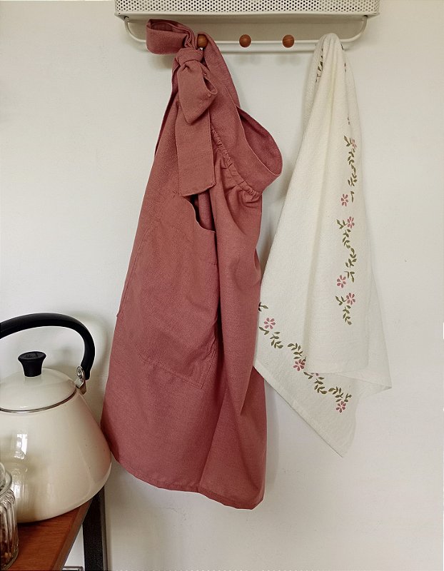 Kit avental de cintura + pano de prato flores rosa velho