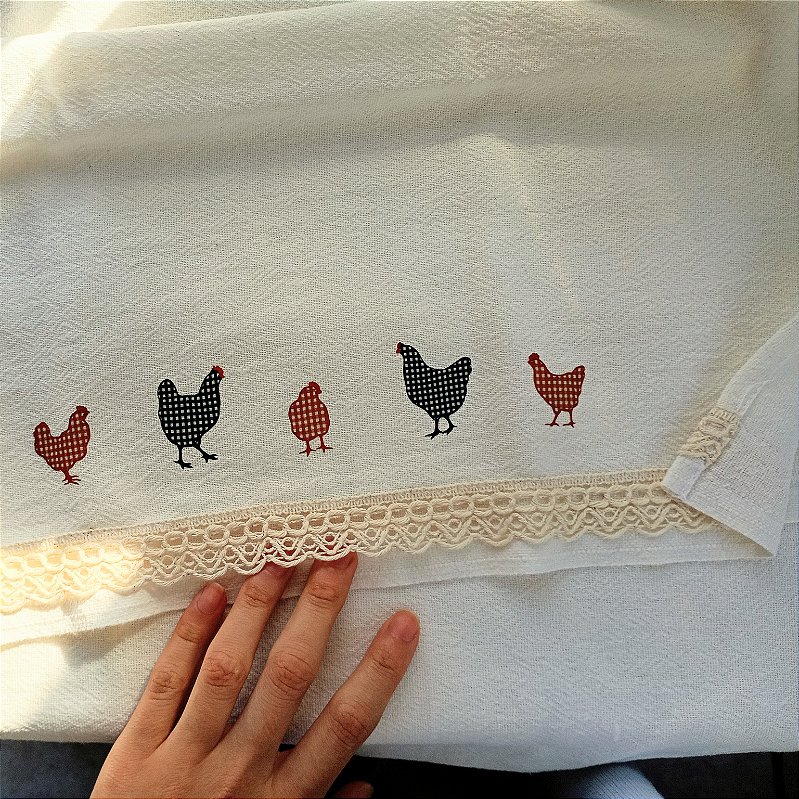 Pano de Prato 45x70 galinhas azul e vermelho