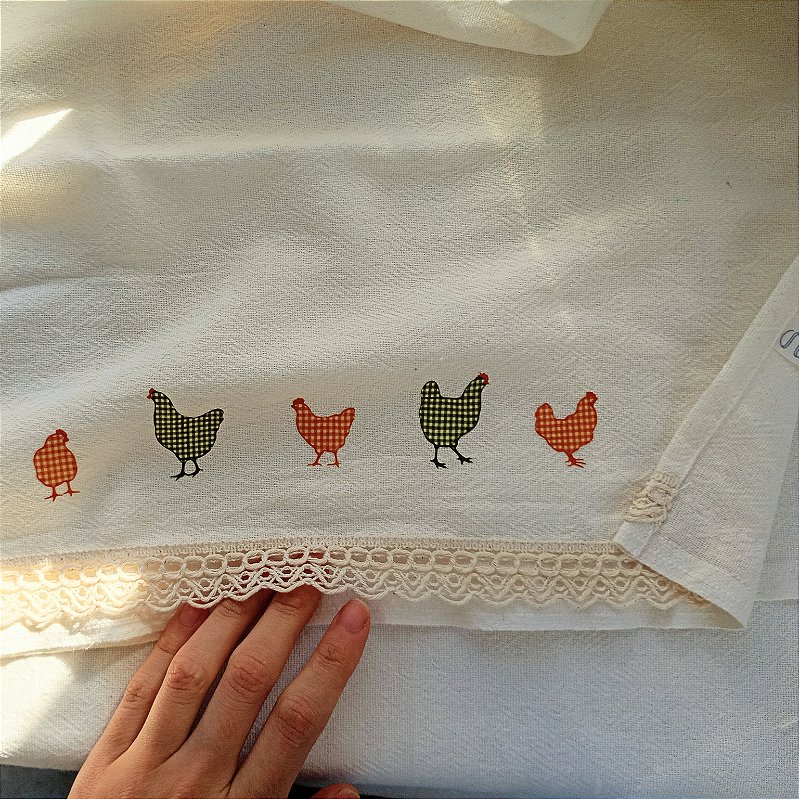 Pano de Prato 45x70 galinhas laranja e verde