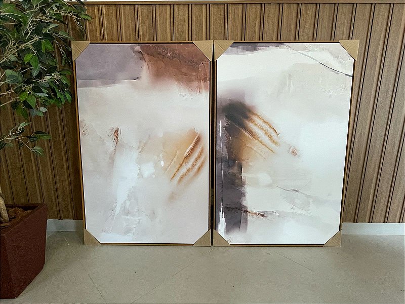 Dupla de Quadros Decorativo Abstrato; Medida 80x120cm; Moldura Madeira Freijó Clara
