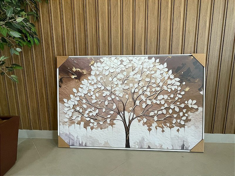 Quadro Decorativo Árvore; Medida 80x120cm; Moldura Madeira Branca