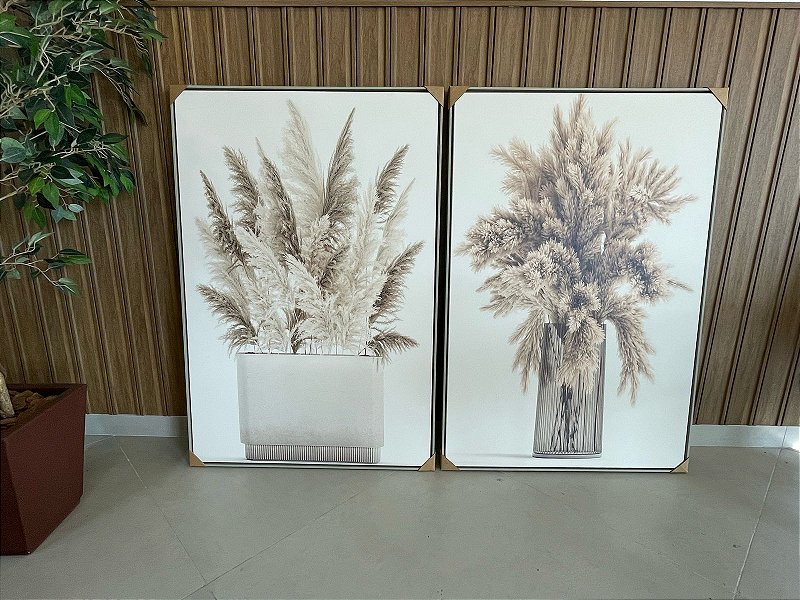 Dupla de Quadros Decorativo Folhas; Medida 80x120cm; Moldura Madeira Cinza