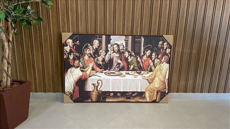 Quadro Decorativo Santa Ceia; Medida 80x120cm; Moldura Madeira Freijó Escura