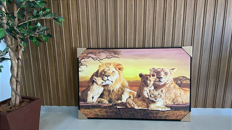 Quadro Decorativo Leões; Medida 80x120cm; Moldura Madeira Preta