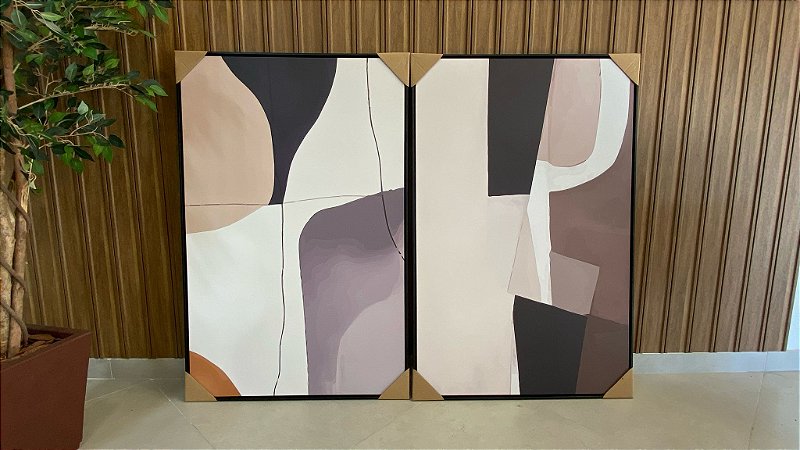 Dupla de Quadros Decorativo Abstrato; Medida 80x120cm; Moldura Madeira Preta