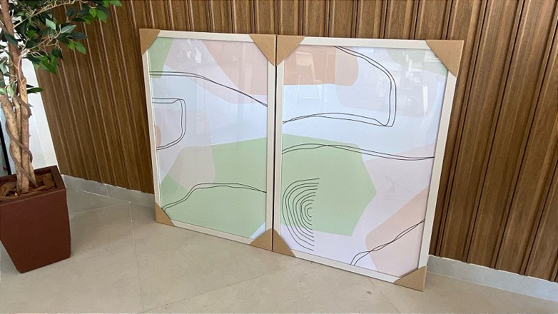 Dupla de Quadros Decorativo Abstrato; Medida 65x96; Com Vidro Comum; Moldura Branca