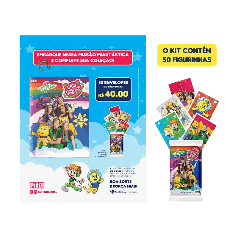 Kit de 10 envelopes com 50 cromos - Álbum oficial Gato Galactico
