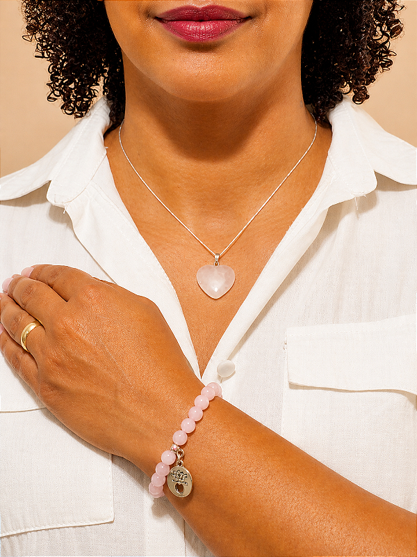Pulseira & Colar Prata 925 - Pedra Quartzo Rosa
