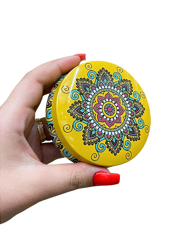 Lata Mandala Decorativa: O Santuário para suas Joias e Amuletos - Amarelo/Preto