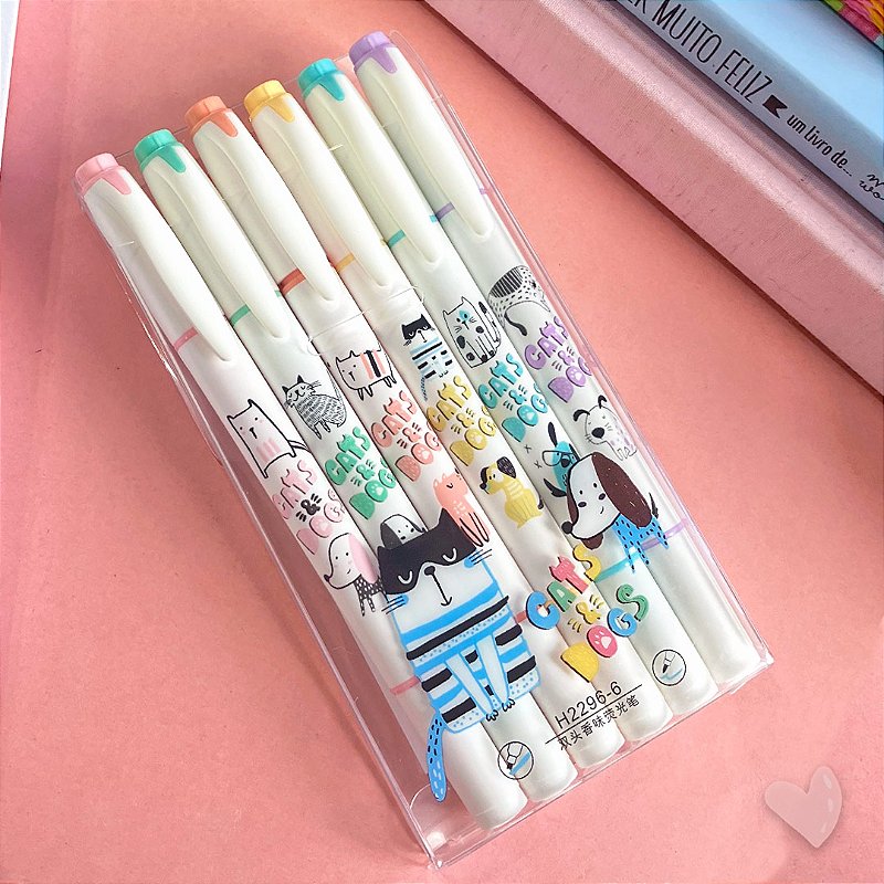 Marca Texto Perfumado Ponta Dupla Cats & Dogs • Estojo com 6 Cores