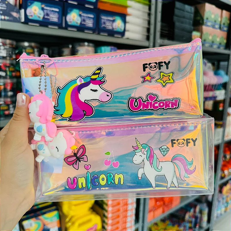 Estojo Escolar Unicórnio Pop Furta-Cor com Chaveiro