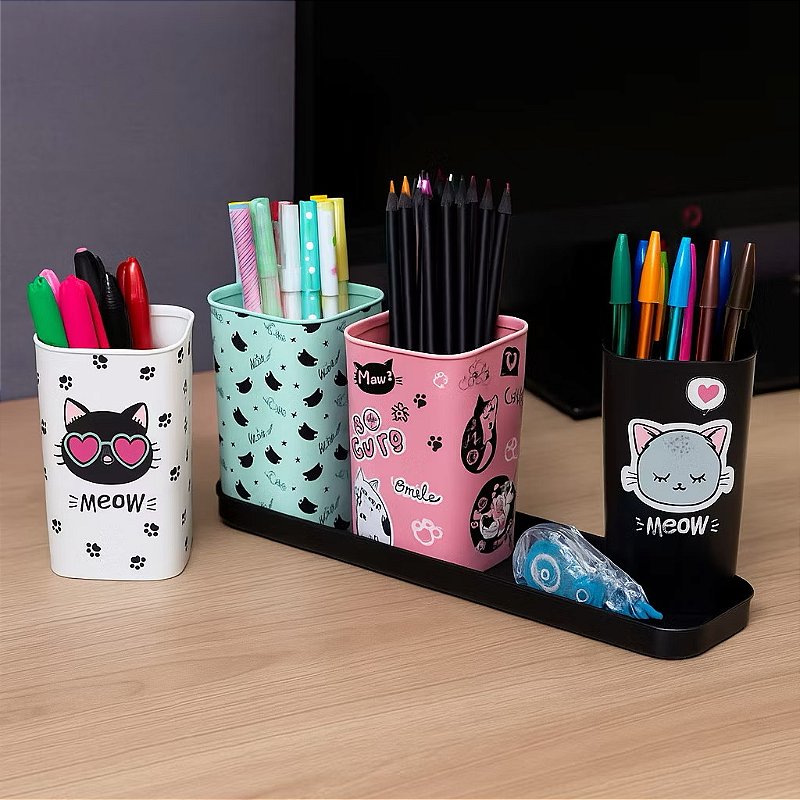 Porta Canetas com Bandeja Cute Cat • 5 Itens
