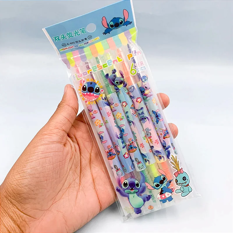 Marca Texto Fluorescente 2 Pontas Stitch • Estojo 6 Cores