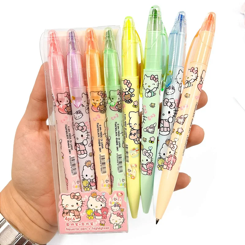 Caneta + Marca Texto 2 em 1 Hello Kitty • Estojo 4 Unid.