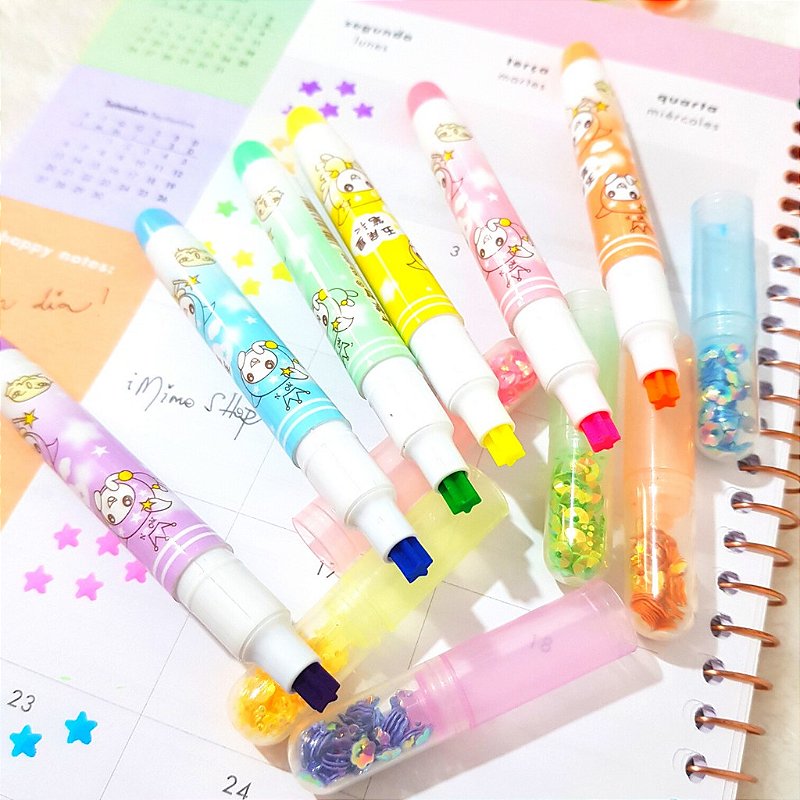 Marca Texto Ponta Estrela com Lantejoulas • Estojo 6 Cores