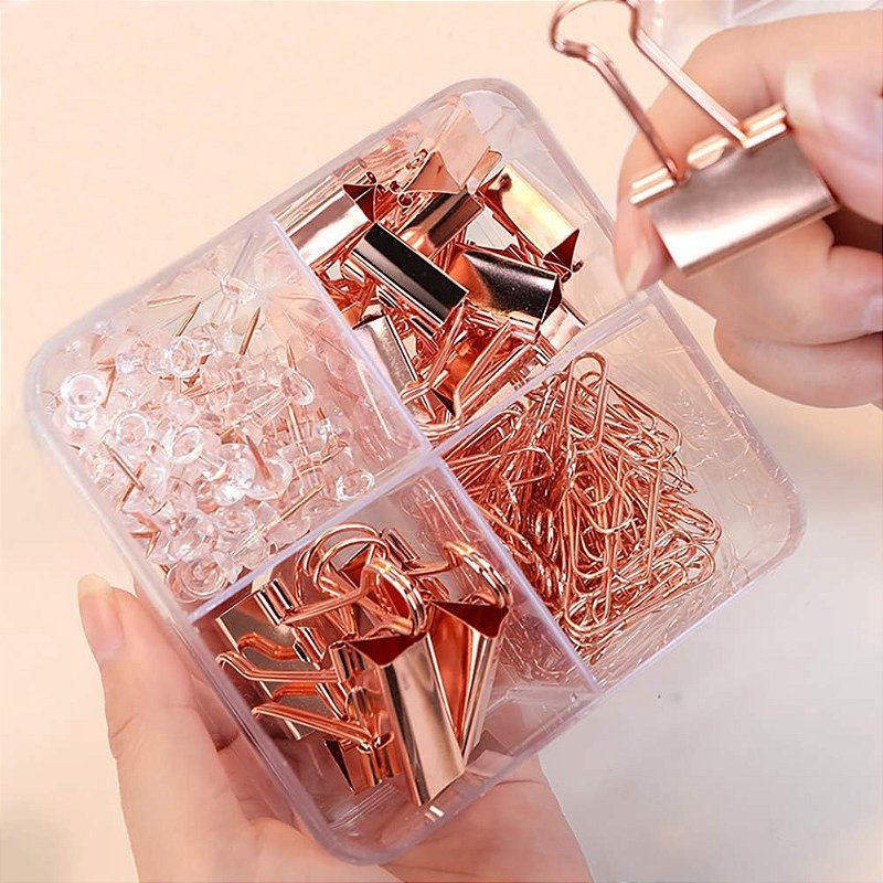 Kit Office Binder Clips & Pins Rosè Gold • 46 Itens