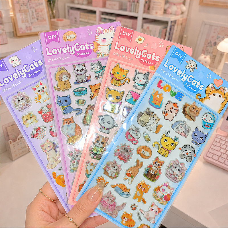 Cartela de Adesivos 3D com Glitter Diy Gatinhos Fofinhos