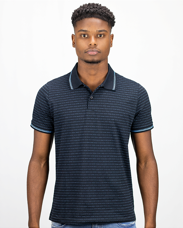 Camisa Polo Manga Curta Masculina Ogochi Listrada Azul